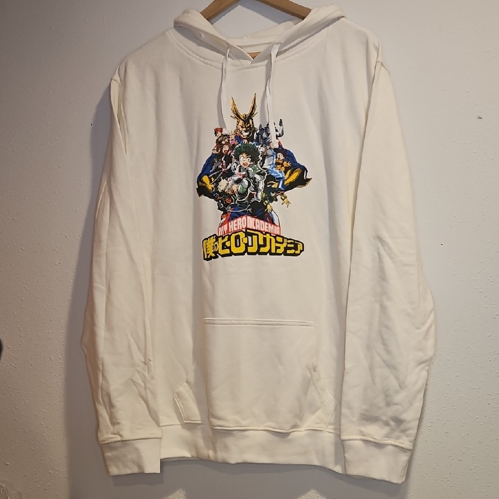 My Hero Academia Anime White Graphic Draw String Hoodie Kangaroo Pocket Sz. XL